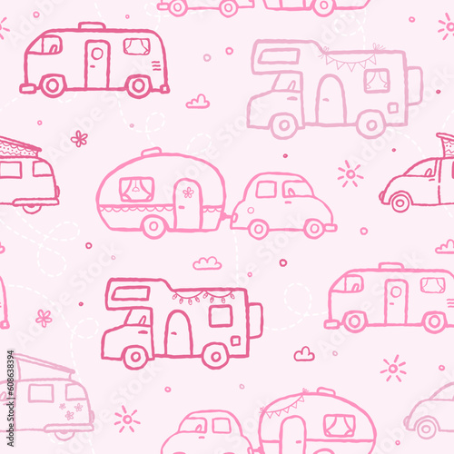 Cute doodle Camper Vans, Caravans and Motorhomes - seamless pattern, hand drawn background, great for textiles, banners, wallpapers.