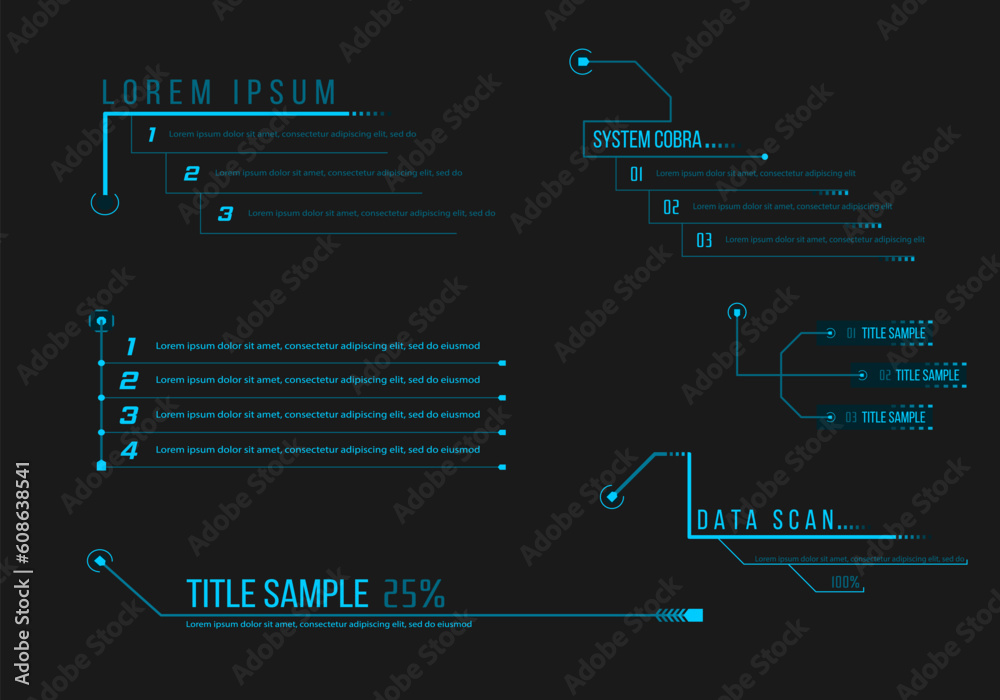 Callout headers on black background. Set of HUD futuristic sci-fi frame template. Scifi futuristic panel collection of HUD elements GUI VR UI design Cyberpunk neon glow retro style - obrazy, fototapety, plakaty 