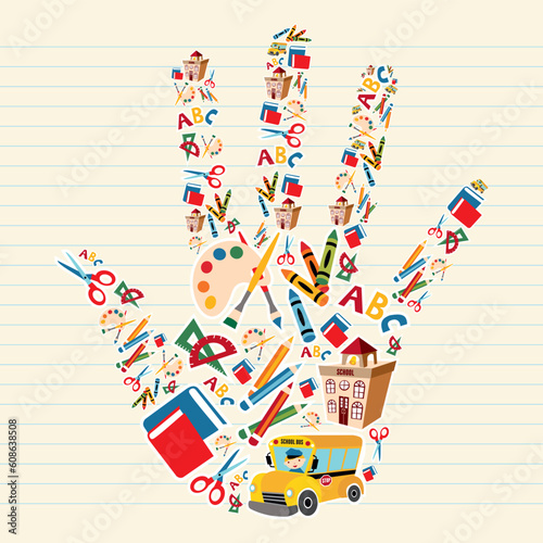 School tools and Supplies in hand shape background. Vector file layered for easy manipulation and custom coloring.