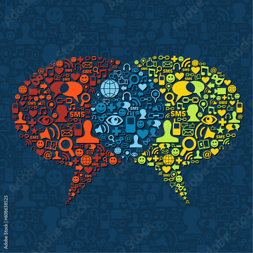 Social media icon set in two speech bubbles communication. Vector file layered for easy manipulation and custom coloring.