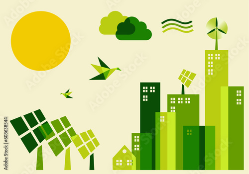Go green city. Industry sustainable development with environmental conservation background illustration. Vector file layered for easy manipulation and custom coloring.