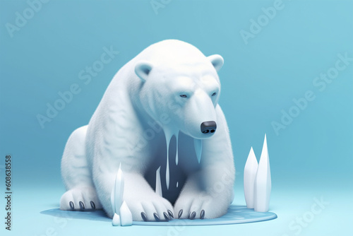 Sad melting Polar bear. Global warming concept. Generative AI illustration