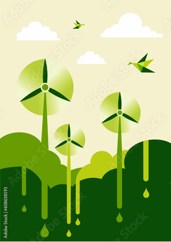 Go green with-turbine park background illustration. Sustainable development concept. Vector file layered for easy manipulation and custom coloring.