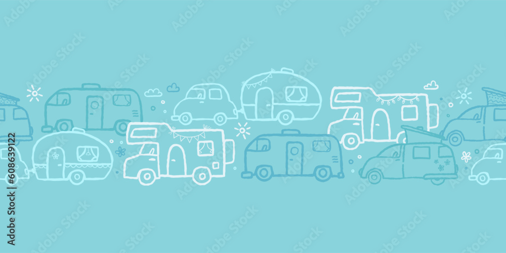 Cute doodle Camper Vans, Caravans and Motorhomes - seamless pattern, hand drawn background, great for textiles, banners, wallpapers.