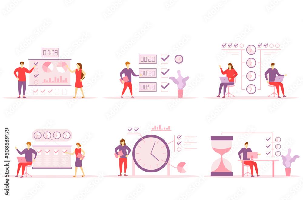 Collection of people successfully organizing their tasks and ...