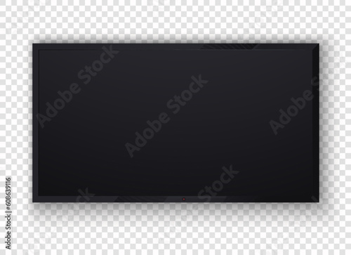 Wall mounted wide plasma black LED tv isolated on transparent background. TV digital, modern blank LCD screen, display, panel. Large mock up computer monitor. Stylish illustration.