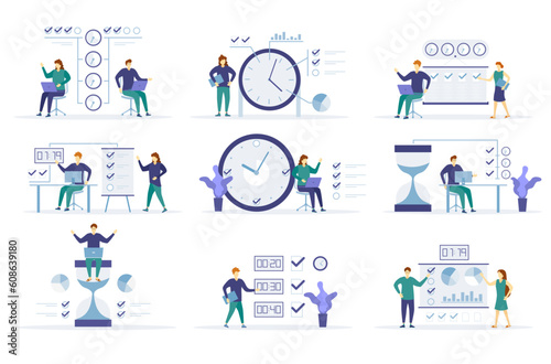 Time management, distribution of priority of tasks, strategic planning, organization of working time, management schedule. Characters people near clock. People are working on a schedule for project.