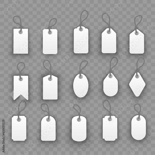 Set of stickers with a cord, posters, banners. White paper realistic material. Set of blank tags, labels with rope. Empty frame and label mega set. Flat design, vector illustration, EPS 10.