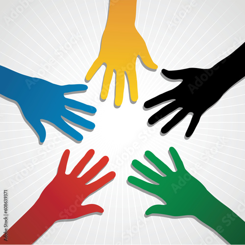Hand silhouettes in Olympic Games colors over white background. Vector file layered for easy manipulation and customisation.