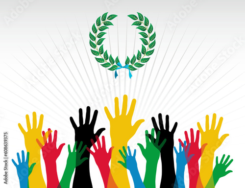 Colorful hands with a laurel wreath with a sky blue ribbon over white background. Vector file layered for easy manipulation and customisation.