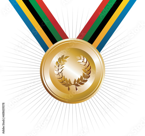 Olympics Games gold medal with ribbons in the colors which represents the five continents on white background. Vector file layered for easy manipulation and customisation.