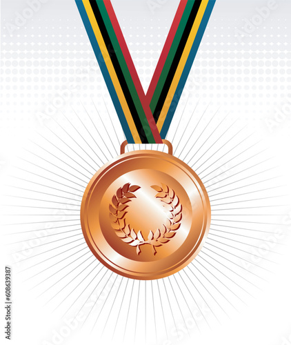 Olympic bronze medal with ribbon elements set background. Vector file layered for easy manipulation and customisation.