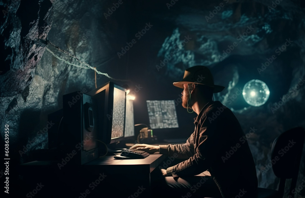 Striking Digital Gold: A Symbolic Representation of the Intricate Bitcoin and Cryptocurrency Mining Process Portrayed Through an Underground Miner's Journey in the Subterranean World of Blockchain Striking Digital Gold: A Symbolic Representation of the Intricate Bitcoin and Cryptocurrency Mining Process Portrayed Through an Underground Miner's Journey in the Subterranean World of Blockchain