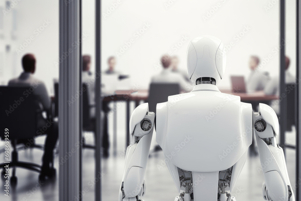Fototapeta premium White robot working with laptop, looking at businessman standing near exit door in modern white office background. Generative AI