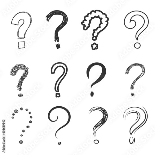 Question mark - hand drawn symbol. Cartoon sketch style interrogation to ask questions drawn with a pen and marker, doodle. Hand drawn signs interrogation, scribble symbols.