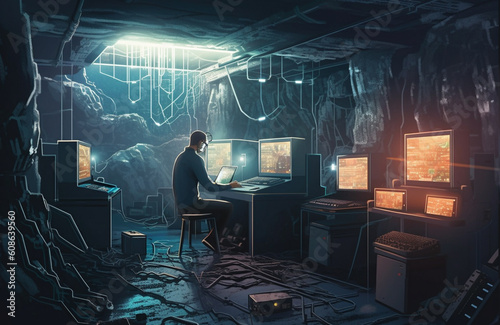 Striking Digital Gold: A Symbolic Representation of the Intricate Bitcoin and Cryptocurrency Mining Process Portrayed Through an Underground Miner's Journey in the Subterranean World of Blockchain