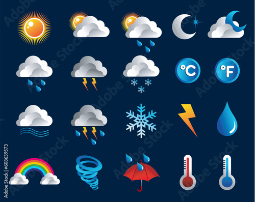 Climate icons set over blue background. Vector file layered for easy manipulation and custom coloring.