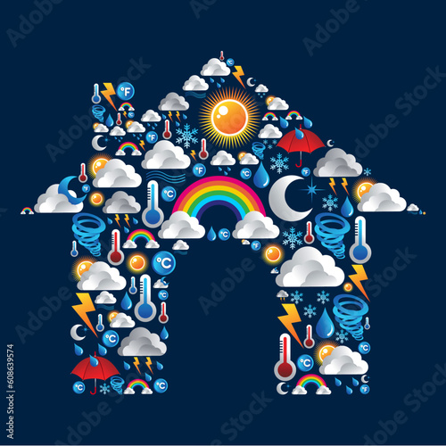 Weather Icons Set in house shape background. Vector file layered for easy manipulation and custom coloring.