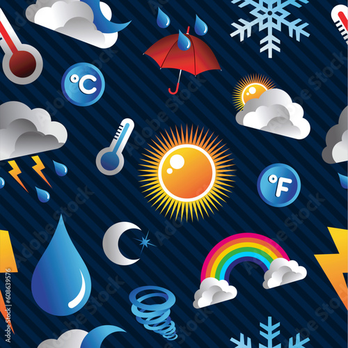 Weather Icons seamless pattern over blue background. Vector file layered for easy manipulation and custom coloring.