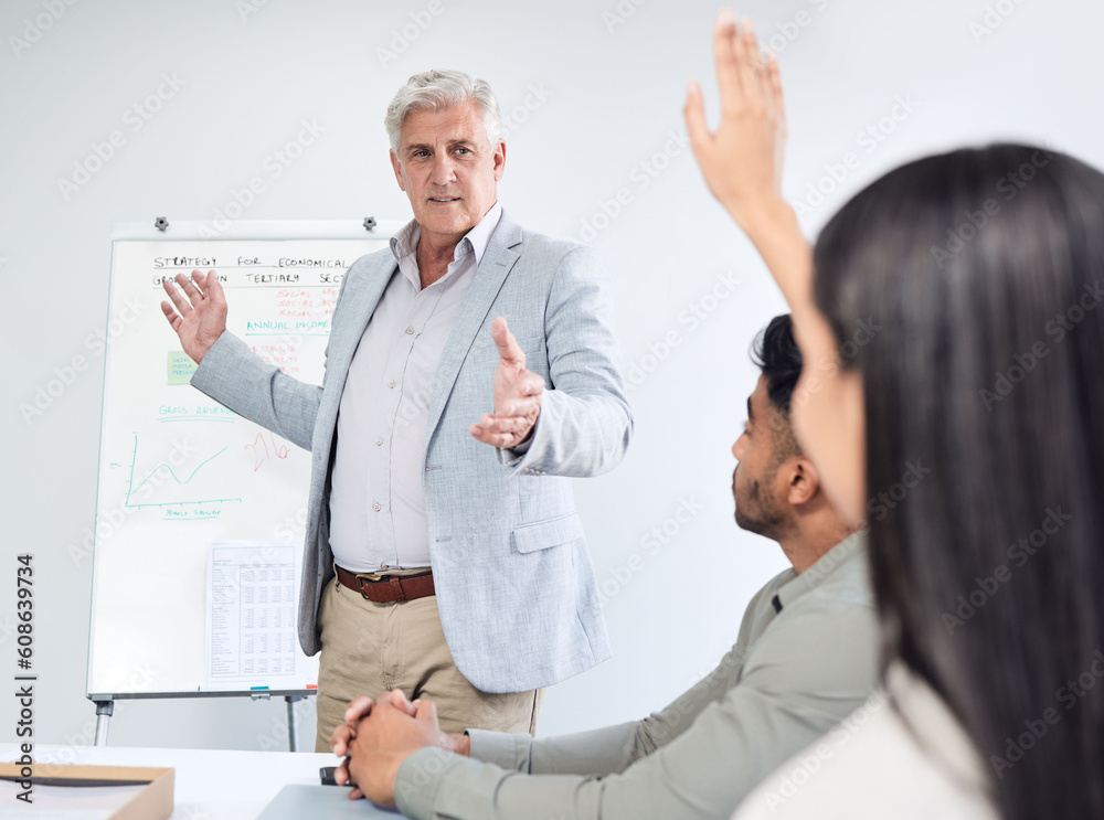 Fototapeta premium Questions, presentation and business man, leader or manager on whiteboard, mentorship and solution or ideas. Yes, conversation and people, CEO and employees hand in air for work meeting or learning