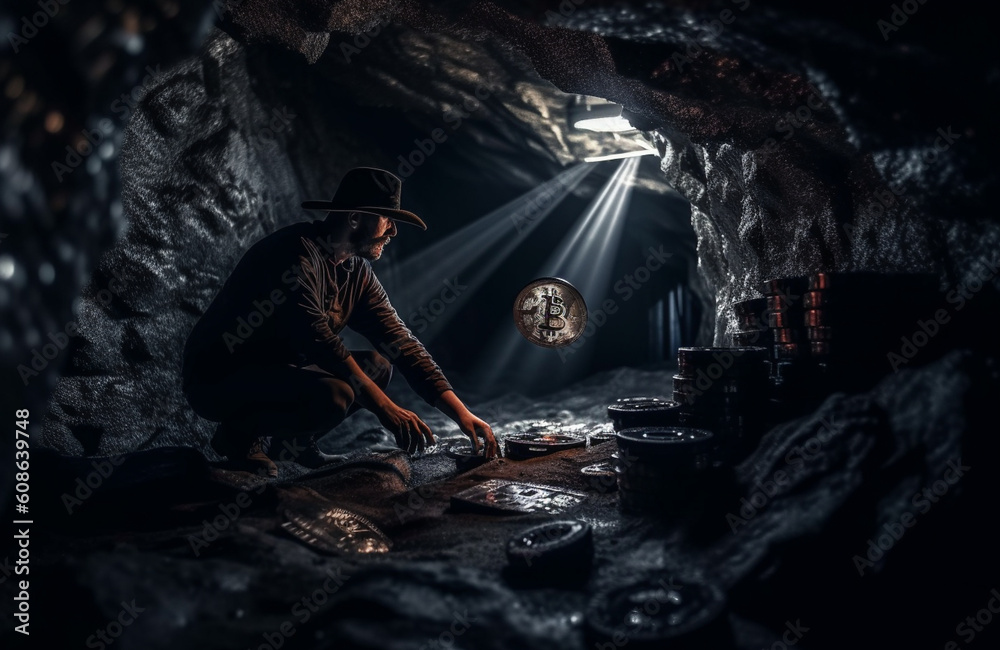 Striking Digital Gold: A Symbolic Representation of the Intricate Bitcoin and Cryptocurrency Mining Process Portrayed Through an Underground Miner's Journey in the Subterranean World of Blockchain Striking Digital Gold: A Symbolic Representation of the Intricate Bitcoin and Cryptocurrency Mining Process Portrayed Through an Underground Miner's Journey in the Subterranean World of Blockchain