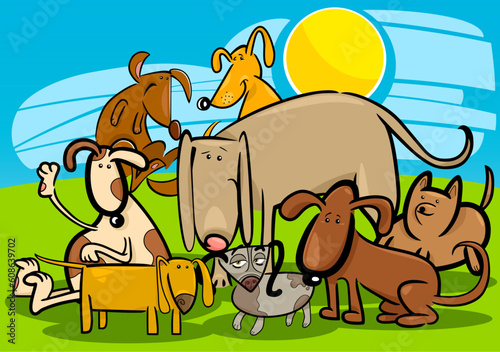 Cartoon Illustration of Funny Dogs or Puppies Group Against Blue Sky