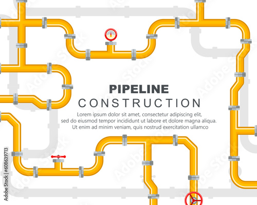 Industrial background with a yellow pipeline. The lever opens or closes the valve. Spare parts for the pipeline. Oil  water or gas in trumpet. Vector illustration  EPS 10.