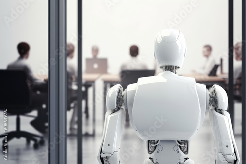 White robot working with laptop, looking at businessman standing near exit door in modern white office background. Generative AI