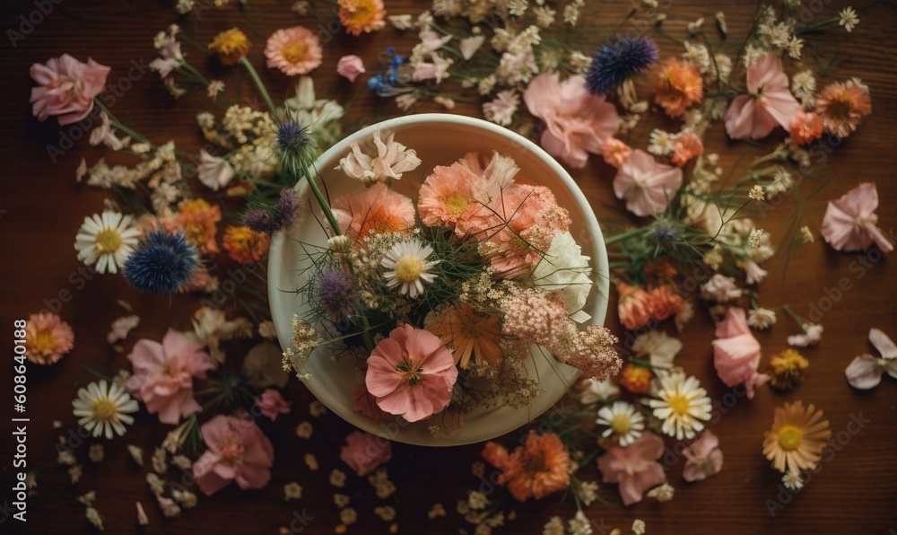  a bunch of flowers that are in a bowl on a table.  generative ai