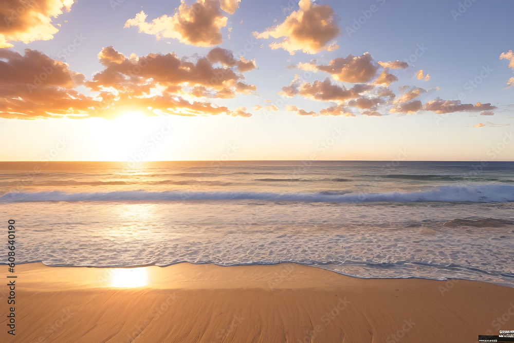 Beautiful sea coast. Light sandy beach, sea and sky. Delicate sunset colors. generative AI