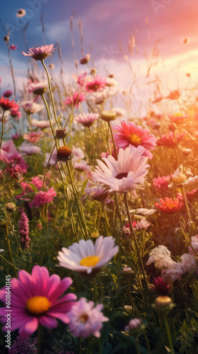Summer wallpaper. Wildflowers illuminated by the evening sun. © tashechka