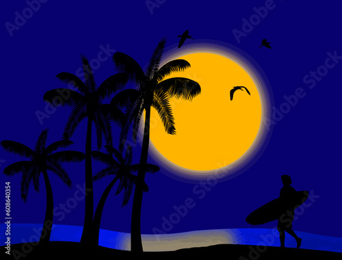 Sunset on blue tropical paradise with palm s and surfer silhouette  vector illustration