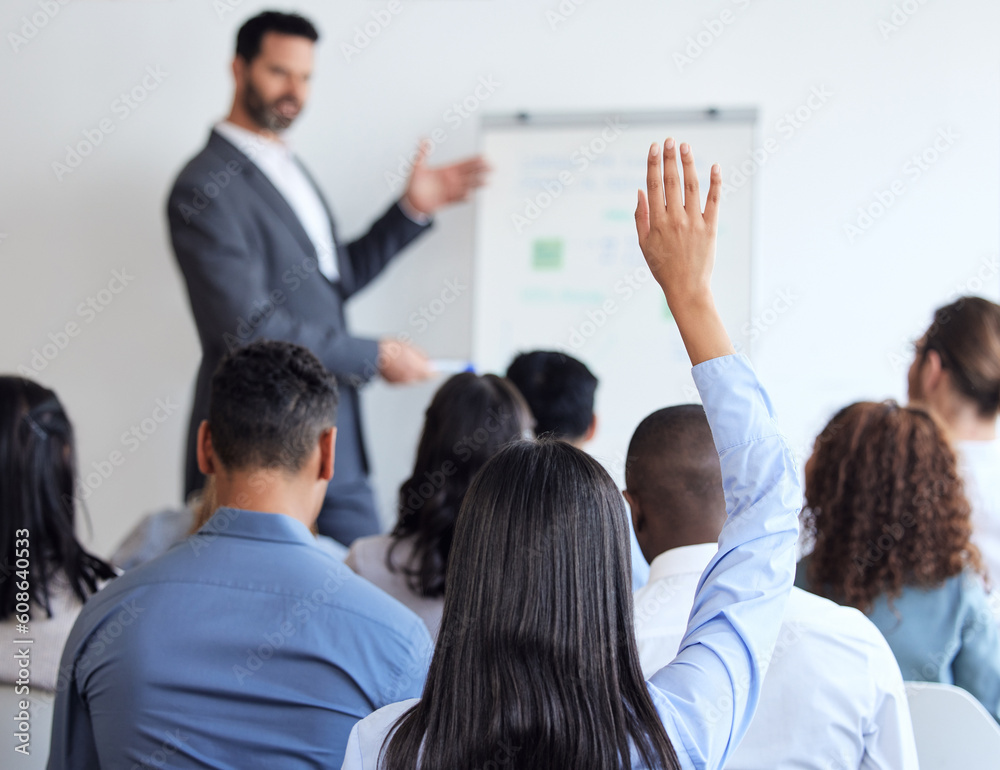Presentation, questions and hand with business people in workshop for conference, seminar and audience. Strategy, feedback and training with employees in office for speaker, planning and meeting Presentation, questions and hand with business people in workshop for conference, seminar and audience. Strategy, feedback and training with employees in office for speaker, planning and meeting