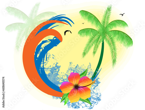 Tropical paradise background with palms  hibiscus flower and water  vector illustration