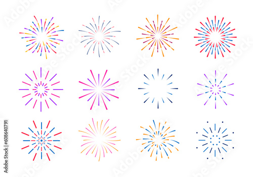 Set of colorful fireworks. Festive explosion of fireworks with stars and sparks. Party, festival, feasts, multi-colored sky, explosion stars. Celebrations birthday or Christmas. Vector illustration.