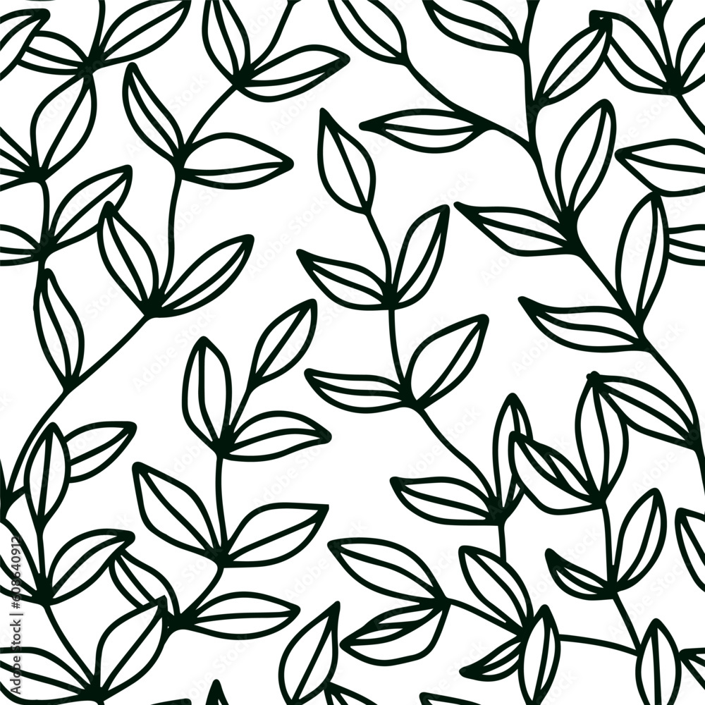Doodle dark green leaves seamless pattern with cute outline leaves. Vector background Doodle dark green leaves seamless pattern with cute outline leaves. Vector background