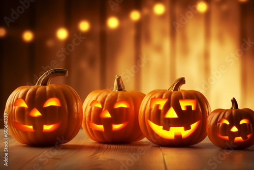 Bright halloween pumpkins with blur halloween background. Concept of Halloween party. Generative AI. © Slepitssskaya