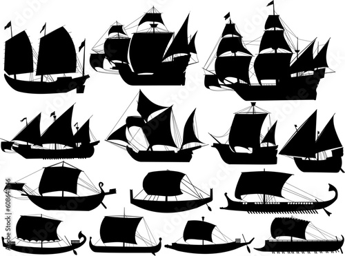 set of silhouettes of ancient sail boats