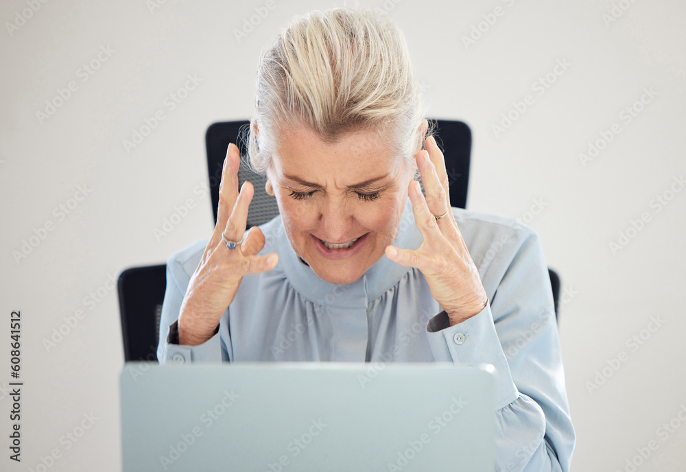 Stress, frustrated and business woman on laptop with anxiety, angry and confused for 404, error or mistake. Crisis, fail and problem of senior person on computer in burnout, depression or work anger Stress, frustrated and business woman on laptop with anxiety, angry and confused for 404, error or mistake. Crisis, fail and problem of senior person on computer in burnout, depression or work anger