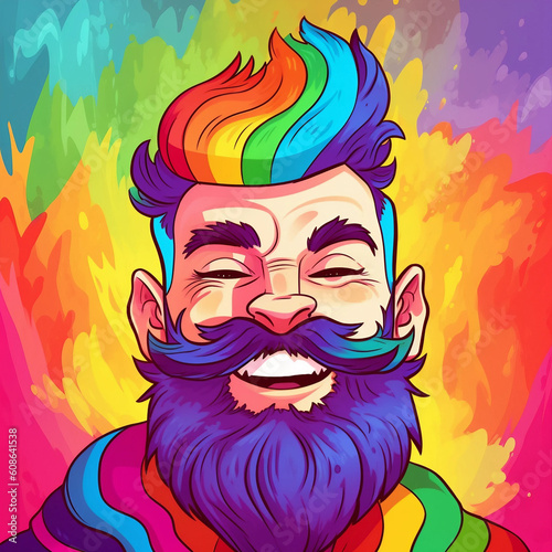 Pride month celebration, man with beard, rainbow background - AI GENERATED