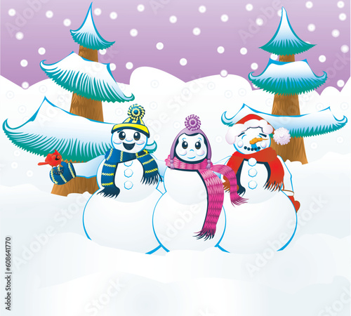 Whimsical snow scene depicting characters of the snow and winter in a expressive friendship display.     EPS10 graphic is scalable to any size.