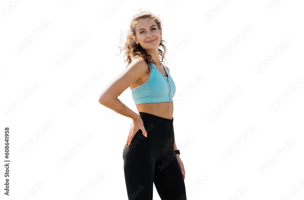 Kind smile portrait of a young woman training running on her feet exercises in fitness comfortable clothes. Transparent background, isolated.