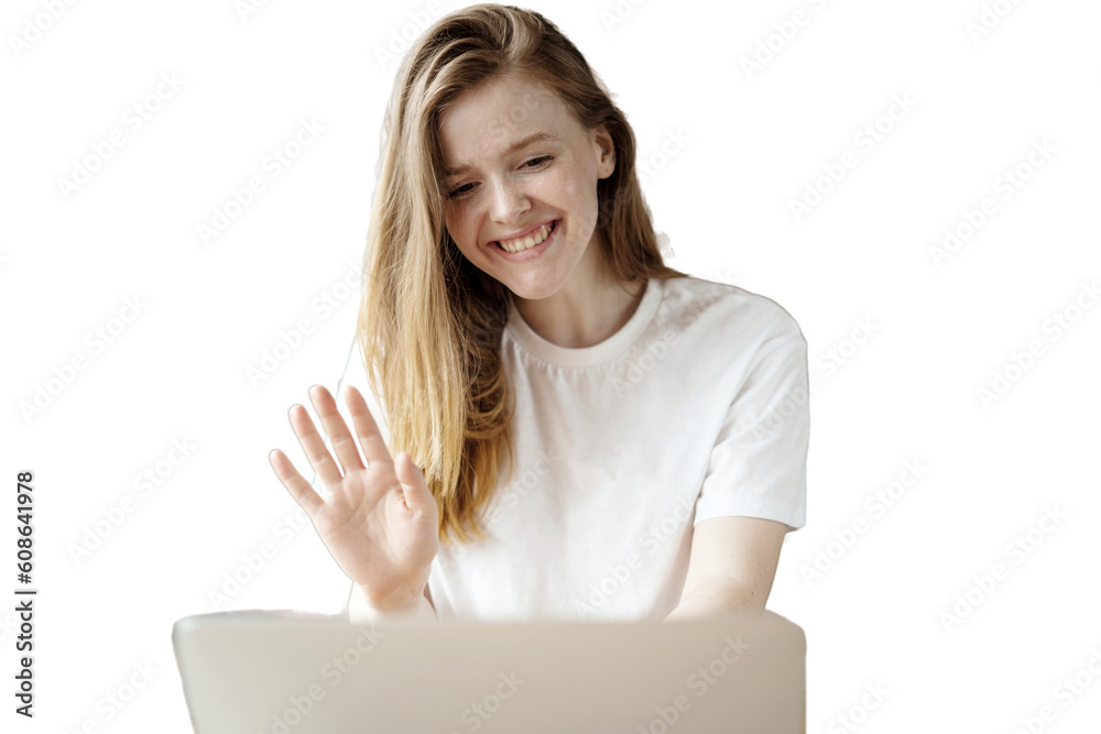 Woman online video call waving hand gesture hello. Transparent background, isolated. Woman online video call waving hand gesture hello. Transparent background, isolated.