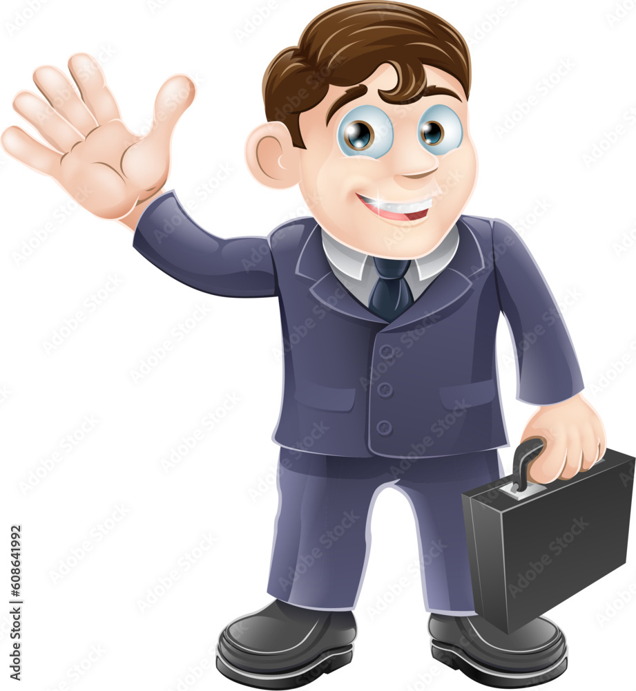 Illustration of a happy smiling cartoon business man waving and holding a briefcase Illustration of a happy smiling cartoon business man waving and holding a briefcase