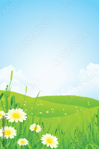 Green Nature Landscape with Flowers and Clouds