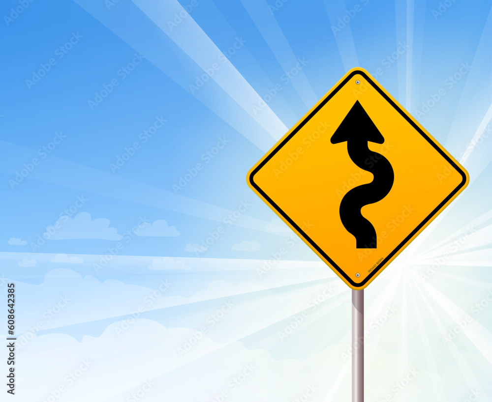 Yellow sign with winding road symbol on blue background Yellow sign with winding road symbol on blue background