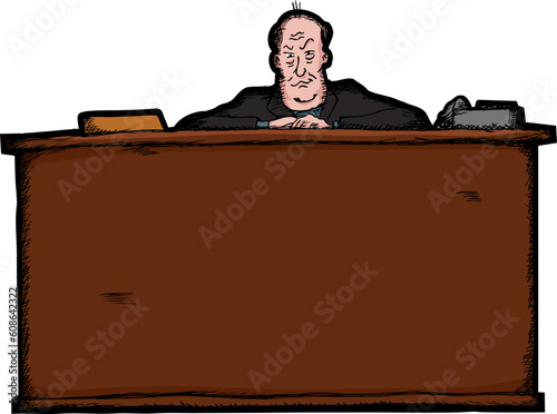 Intimidating bald businessman behind a large desk