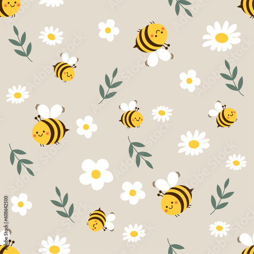 Background with cute bee cartoon  with camomile and vector illustration. seamless pattern on brown
