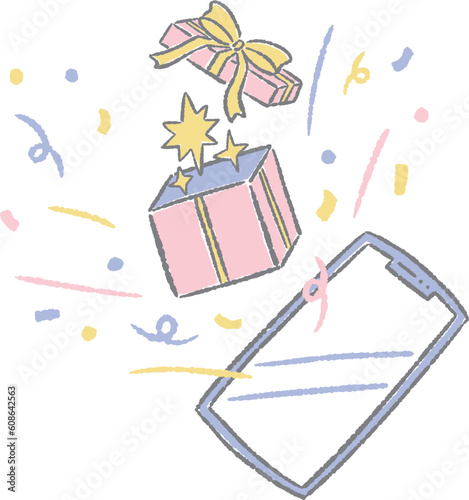 Simple hand-drawn illustration of a gift box and present popping out of a smartphone / スマートフォンからギフトボックス、プレゼントが飛び出しているシンプルな手描きのイラスト
