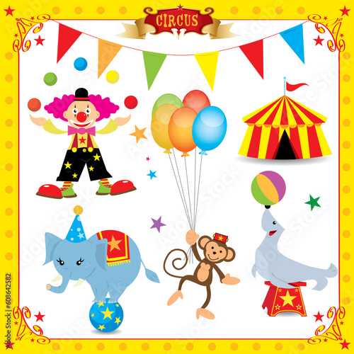 A fun circus set. Each element is on a different layer. Very easy to choose, for exemple the clown or the big top....